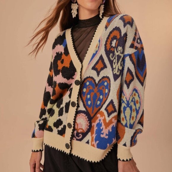 FARM Rio Sweaters - Farm Rio Mixed Ikat Hearts Knit Cardigan Sweater Long Sleeve Size XS Multicolor